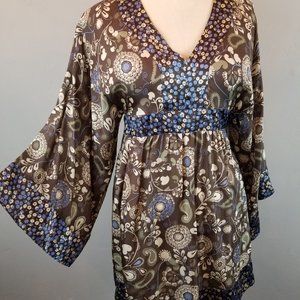 Express Design Studio Silk Blue & Brown Floral Tunic / Dress Women's Size XS